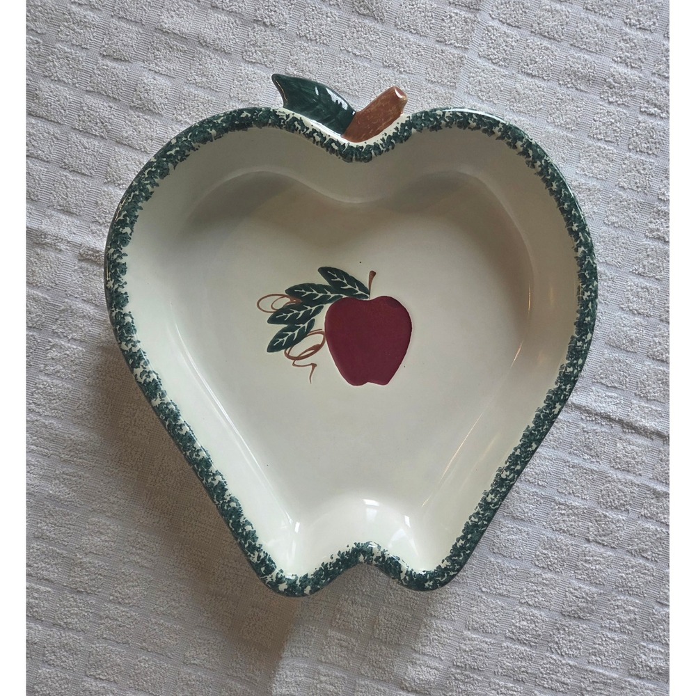 Chaparral Pottery USA Apple Shaped Ceramic Serving Bowl Green Sponged Rim Cream
